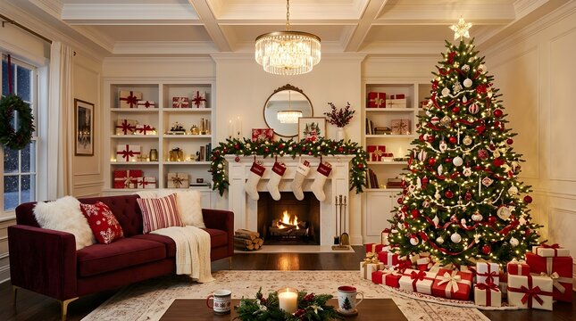 Festive christmas living room with decorated tree fireplace and cozy winter decor for holiday season