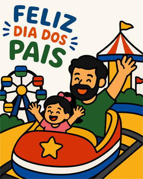 Ilustra&ccedil;&atilde;o Vetorial de Feliz Dia dos Pais com Pai e Filha na Montanha Russa no Parque de Divers&otilde;es