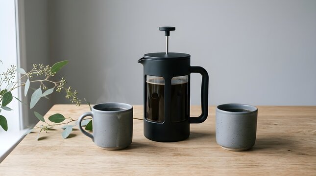 French press coffee preparation with ceramic mugs and eucalyptus on light wood surface