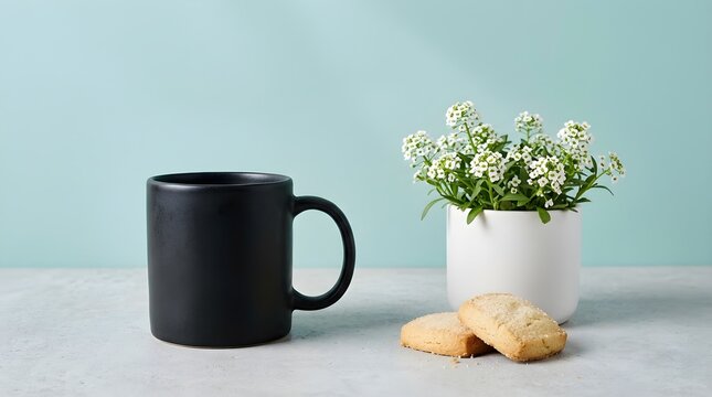 Minimalist still life featuring a black ceramic mug small white flowers in a vase and shortbread cookies on a light surface