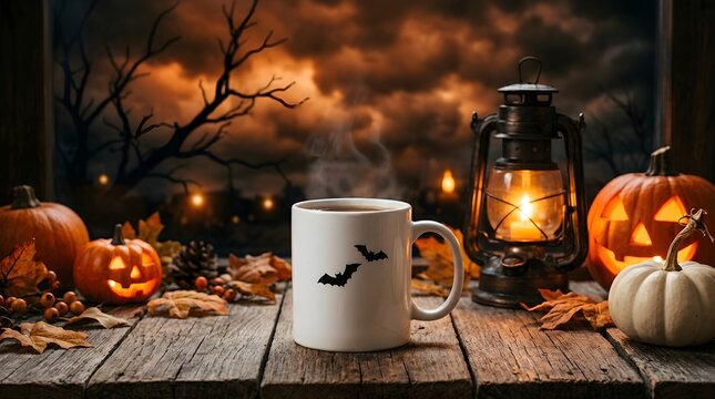 Halloween still life with steaming mug carved pumpkins antique lantern and autumn foliage on rustic wood