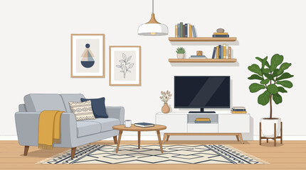 Modern minimalist living room interior with cozy furniture and tv © Summer