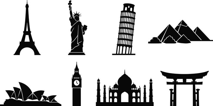 Professional world landmarks silhouette vector set featuring global monuments and famous travel destination icons