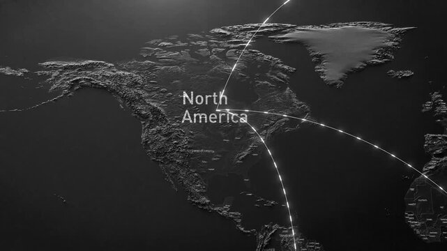 Dark map shows North America in grayscale. Light lines connect continents, suggesting global networks. Text labels identify the region clearly. Modern, minimal design emphasizes connectivity