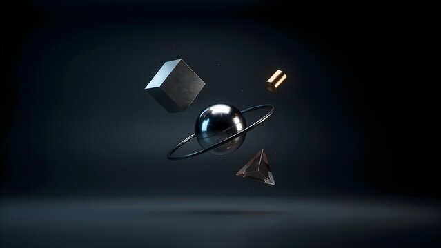 Abstract geometric objects suspended by invisible magnetic forces, perfect balance and symmetry, luxury technology illustration, premium stock artwork