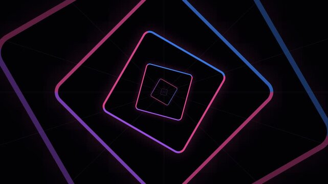 Abstract neon square layers forming a hypnotic glowing tunnel on dark background