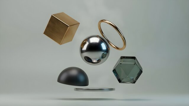 Abstract geometric objects suspended by invisible magnetic forces, perfect balance and symmetry, luxury technology illustration, premium stock artwork
