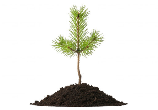 Small young pine tree sapling growing in a pile of soil isolated on transparent background for environment