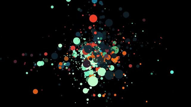 Abstract colorful particles explosion animation on black background, motion graphics