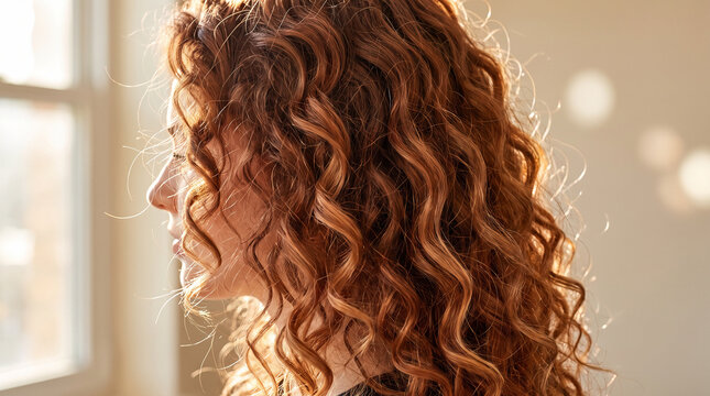 Beautiful woman with long curly red hair in golden light