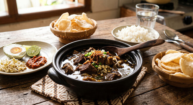 Traditional Indonesian Rawon, a rich black beef soup, served in a clay pot with salted egg, bean sprouts, sambal, and rice on a rustic wooden table.