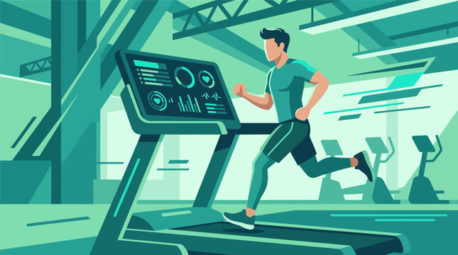 Flat faceless vector illustration of a man running on a treadmill in a modern gym with a digital screen displaying health tracking metrics and heart rate in monochromatic teal.