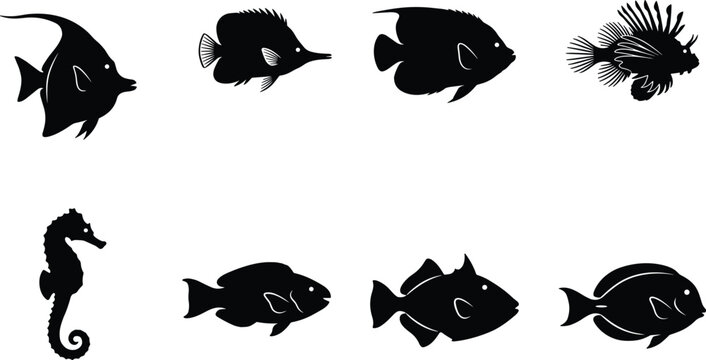 Set of eight black coral reef tropical fish silhouettes including seahorse and lionfish icons isolated on white