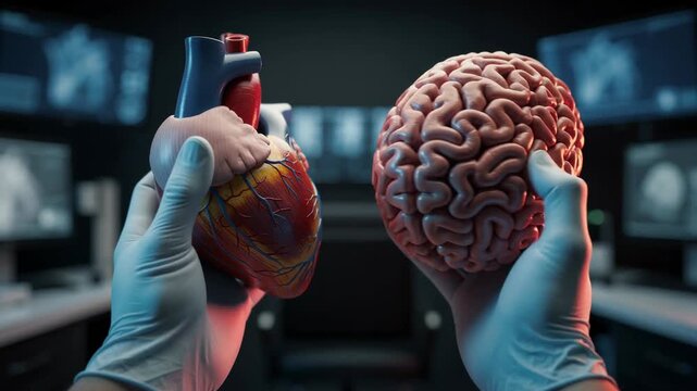 Medical expert wearing gloves holding realistic human heart and brain model for healthcare education