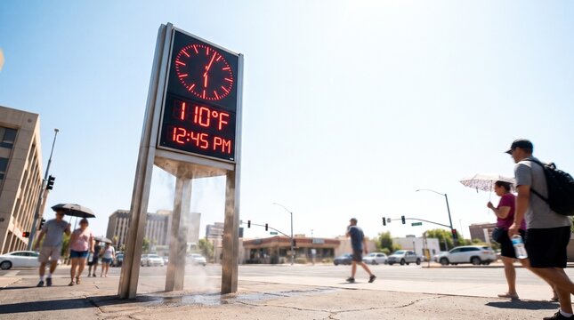 Digital street thermometer showing 110 degrees Fahrenheit during severe urban heatwave
