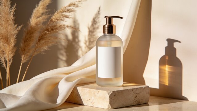 Cosmetic Pump Bottle Mockup with Blank Label on Stone Stand