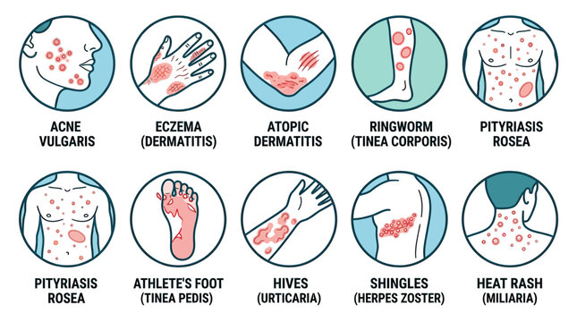 Common Skin Conditions Illustrated: Acne, Eczema, Ringworm, Hives, Shingles & More
