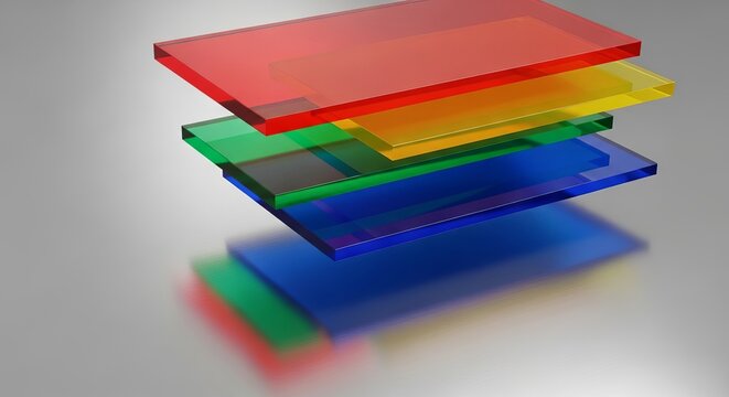 Vibrant layered translucent rectangles in bold hues float over a polished metallic silver background, creating a sleek geometric masterpiece, overlay, transparency, minimalist