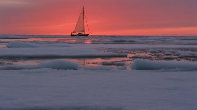 Sailboat navigating through ice floes during an arctic sunset