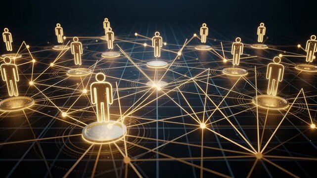 Glowing digital figures forming an interconnected network on dark grid background representing technology and connectivity