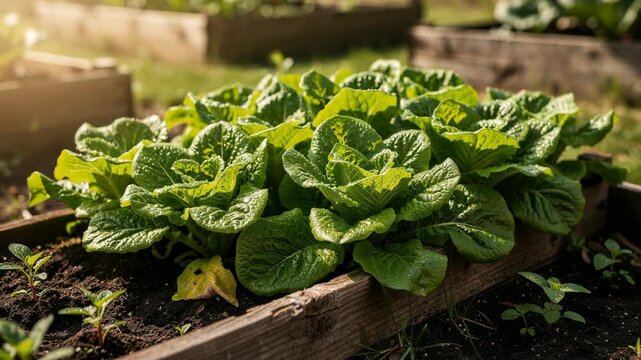 Time lapse of lush green lettuce growing in sunlit garden bed with sparkling dewdrops morning freshness