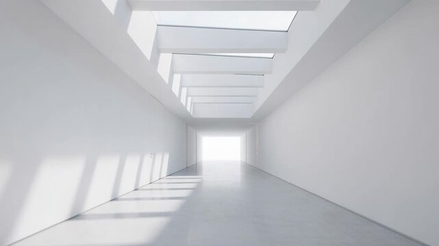 Modern white hallway with large skylights casting sharp shadows and natural light in sleek interior design