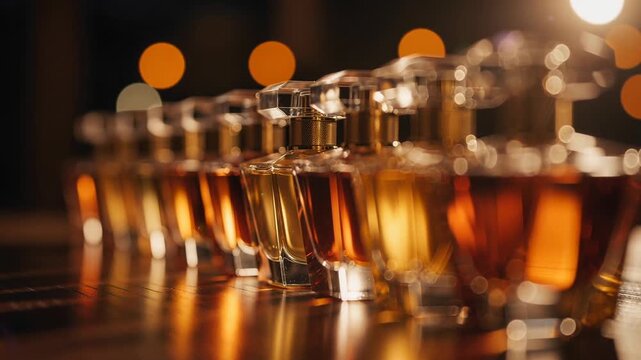A row of elegant crystal perfume bottles glistening under soft warm lights creating a luxurious ambiance