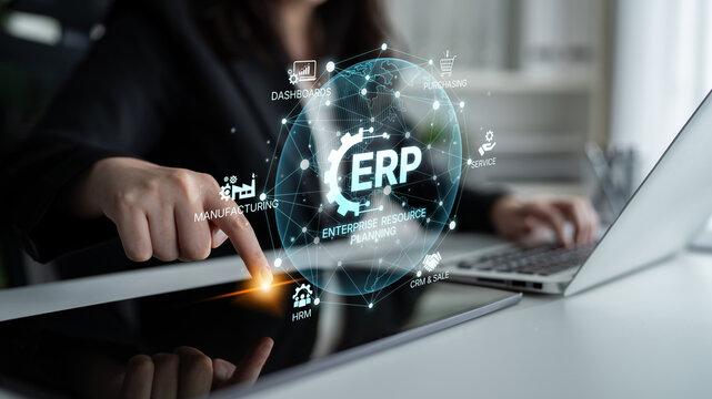 ERP platform visual showing centralized system for enterprise resource planning, improving integration, data flow, business efficiency, finance, inventory, and human resources. Spline