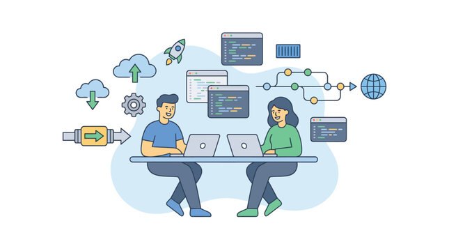 Software developers working on coding and cloud deployment illustration