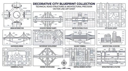 Obraz premium Decorative City Blueprint Collection: Urban Planning, Architecture & Road Structures