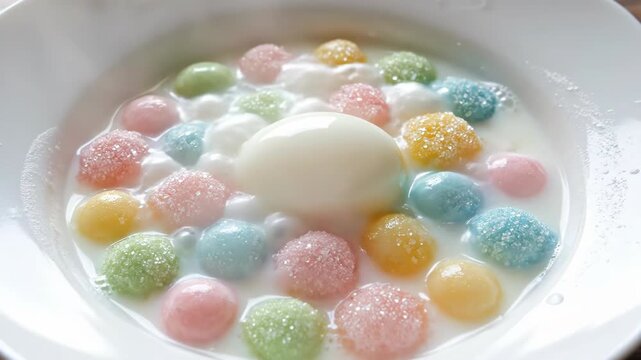 Pastel colored round dessert balls with sugar coating floating in white milky liquid around a central white jelly sphere in a ceramic bowl, high angle macro view.