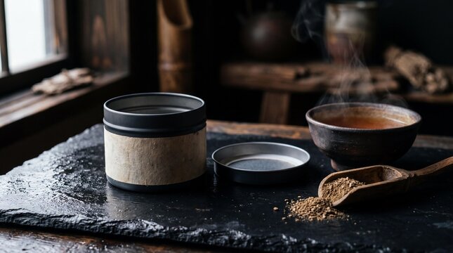 Roasted green tea powder mockup with black tin and steaming clay bowl