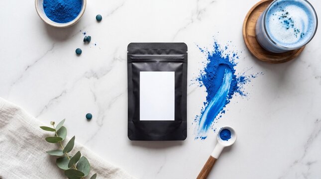 Black packaging pouch mockup with blue spirulina powder on marble table