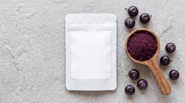 Blank white pouch mockup with organic acai berry powder on stone background