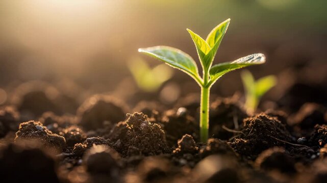 Vibrant green seedling growing from rich soil with warm sunlit morning light in natural environment