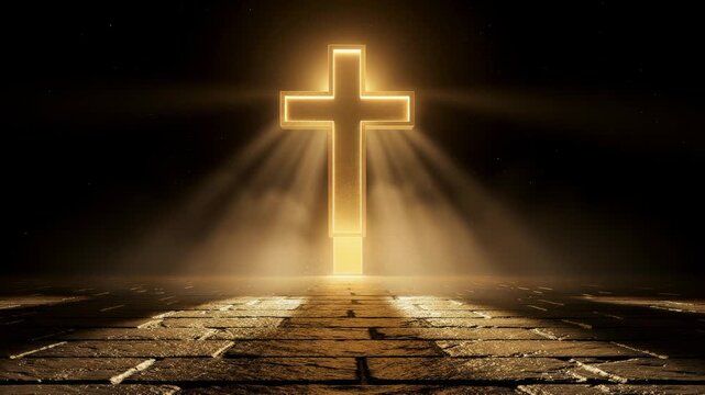 Glowing golden cross emerging through mist on stone floor radiating bright spiritual light