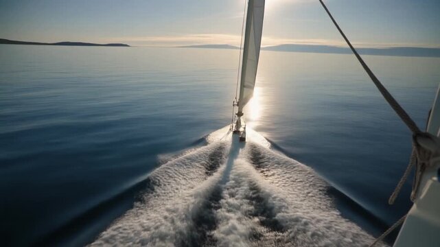 Sailboat arctic sunset journey over calm deep blue sea water