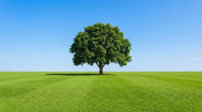 A single healthy mango orchard tree standing in the center of a perfectly manicured green grass field under a vast clear blue sky on a sunny day