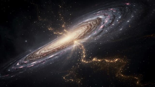 Cosmic silhouette of a woman dissolving into swirling galaxies and golden stars fantasy background