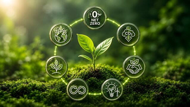 Green energy and sustainability concept showing a young plant sprout surrounded by glowing eco friendly icons representing ESG and environmental protection
