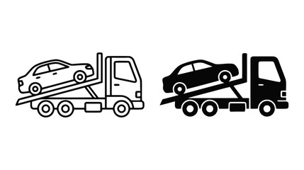 Fototapeta premium Vector illustration of tow truck icon set, flatbed vehicle for car transportation on a transparent background