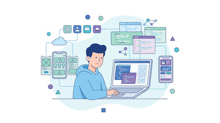 Fototapeta premium Software Developer Working on Mobile App and Web Design Illustration