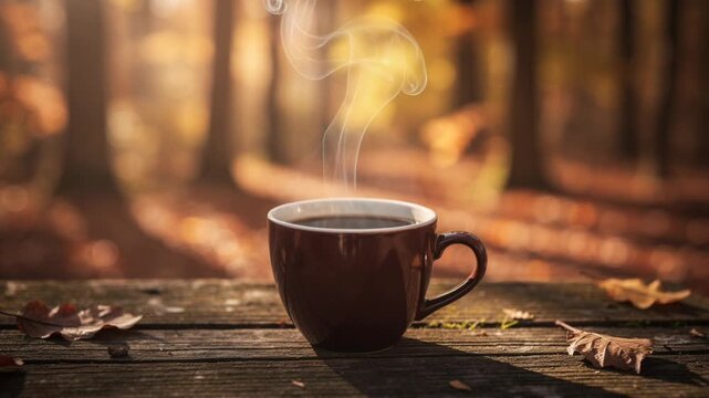 Steaming cup of coffee on rustic wooden table with autumn leaves cozy fall morning scene