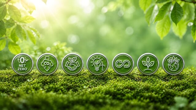 Environmental sustainability and ESG strategy concept featuring row of green eco friendly circular icons resting on lush natural moss in a bright forest