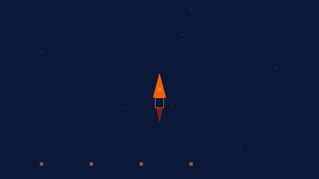 Minimalist rocket launch animation: orange spaceship flying upward in deep space 4k