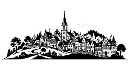 Obraz premium Charming Village Silhouette: Historic European Townscape with Church and Trees