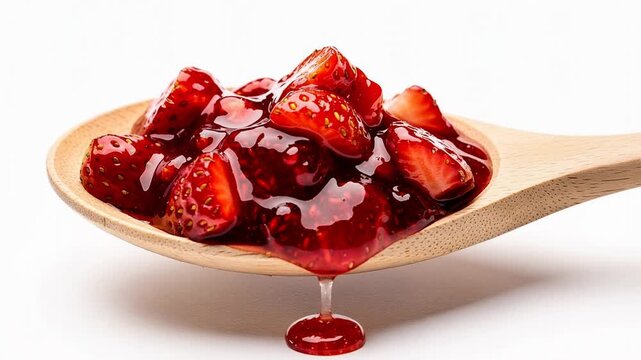 Wooden spoon scooping vibrant glossy strawberry chunks in thick strawberry glaze dessert
