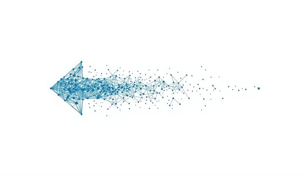 Leftward pointing arrow made of shattering blue particles and digital debris with direction particles shattering fragment abstract movement navigation deconstruction fragmentation technology