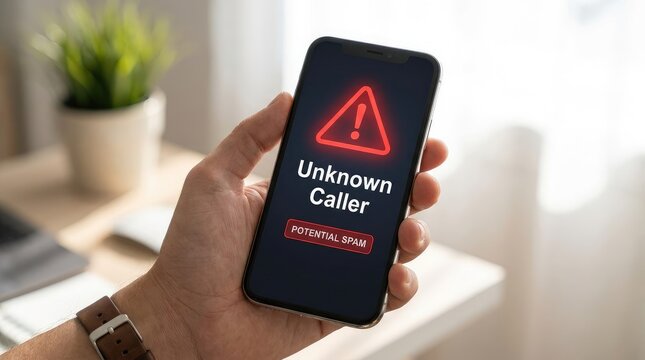 Hand holding a modern smartphone displaying an urgent unknown caller warning notification about potential spam calls