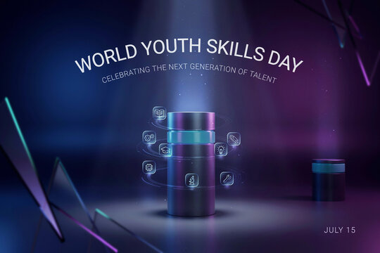 World Youth Skills Day Concept with Futuristic Cylinder and Education Icons